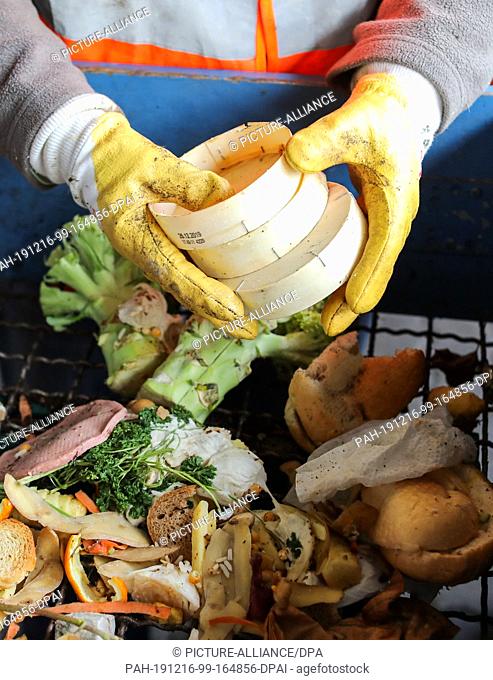 16 December 2019, Saxony, Leipzig: A woman examines the contents of several so-called organic bins for an analysis of the amount and composition of waste