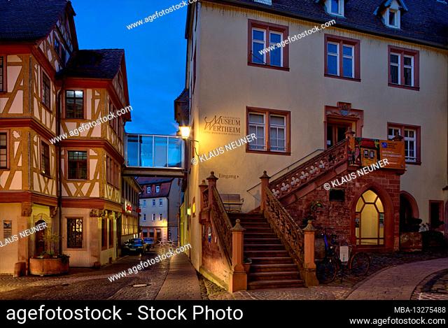 County museum, blue hour, old town, blue hour, house facades, half-timbered, Wertheim, Baden-Wuerttemberg, Germany, Europe