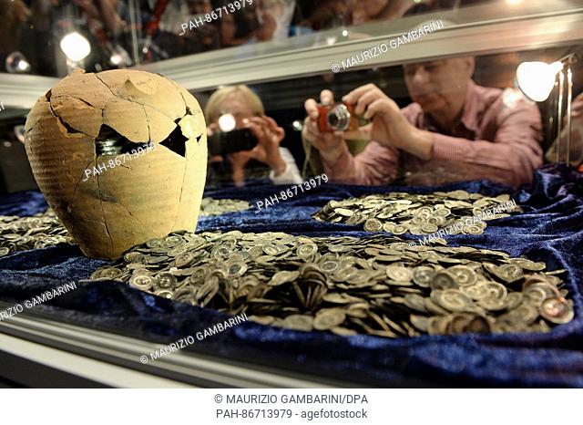 The Altlandsberg hoard of coins goes on public display for the first time in Altlandsberg, Germany, 21 December 2016. Archaeologists discovered the treasure...
