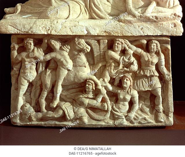 Etruscan civilization. Funerary urn depicting Achilles killing Troilus by the walls of Troy. Detail.  Chiusi, Museo Archeologico Nazionale (National...