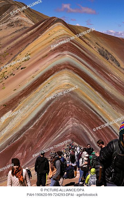 02 May 2019, Peru, Cusco: The Vinicunca, or the Rainbowmontain with an altitude of 5200 meters above zero, is located in the south of Peru and is increasingly...