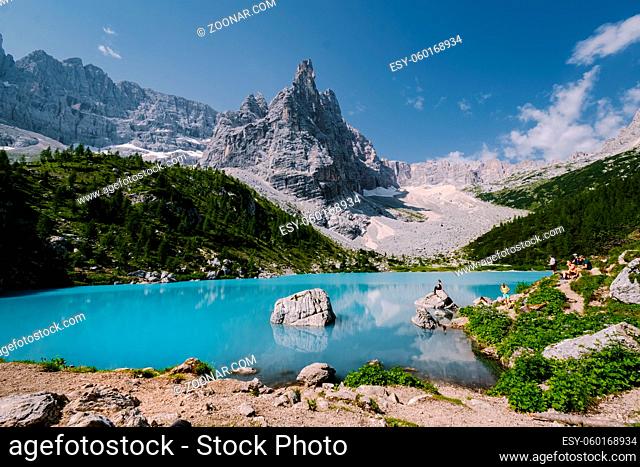 Morning with clear sky on Lago di Sorapis in the Italian Dolomites, milky blue lake Lago di Sorapis, Lake Sorapis, Dolomites, Italy