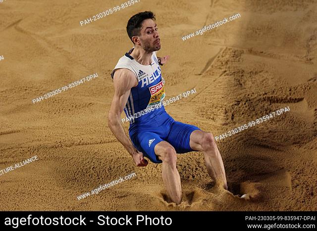 05 March 2023, Turkey, Istanbul: Athletics/indoor: European Championships, men's long jump final, gold medalist Miltiadis Tentoglou from Greece in action