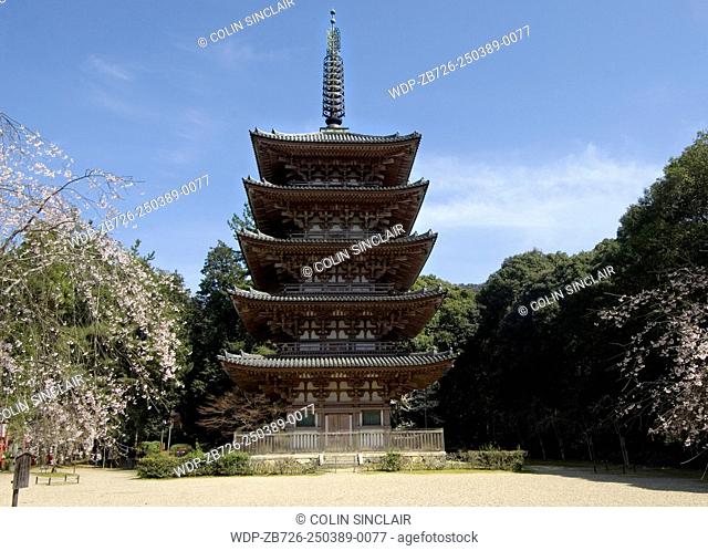 Goju no to, Five storey pagoda, Daigoji Temple, Nr Kyoto, Japan, Peering over cherry blossom, Horizontal