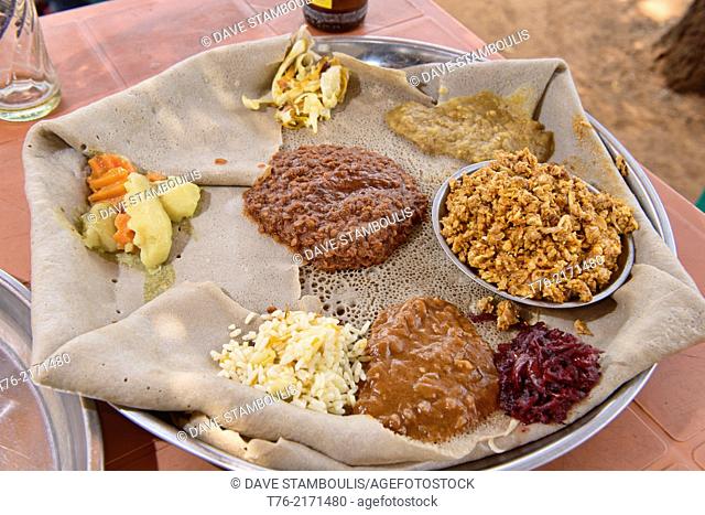 wat and injera, the national Ethiopian cuisine, Addis Ababa, Ethiopia