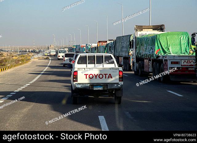 Illustration picture shows trucks waiting at the border crossing in Rafah, in the southern Gaza Strip in the State of Palestine, Friday 24 November 2023