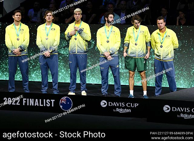 27 November 2022, Spain, Málaga: Tennis, Men: Davis Cup - Final. Australians Matthew Ebden (l-r), Max Purcell, Thanasi Kokkinakis, Jordan Thompson