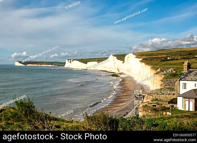 The Seven Sisters white chalk cliffs, viewed from Birling Gap near Eastbourne in East Sussex, England
