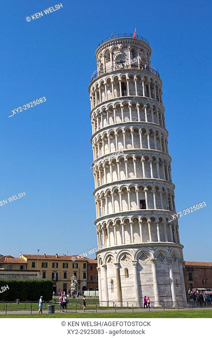 Pisa, Pisa Province, Tuscany, Italy. The Leaning Tower of Pisa in the Campo dei Miracoli, or Field of Miracles. Also known as the Piazza del Duomo