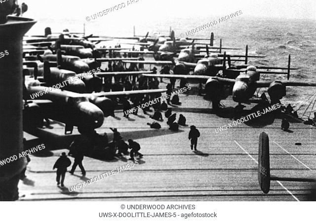 Pacific Ocean: April 18, 1942.B-25 bombers on the flight deck of the USS Hornet. They were used by Jimmy Doolittle's Raiders in his daring bombing attack on...