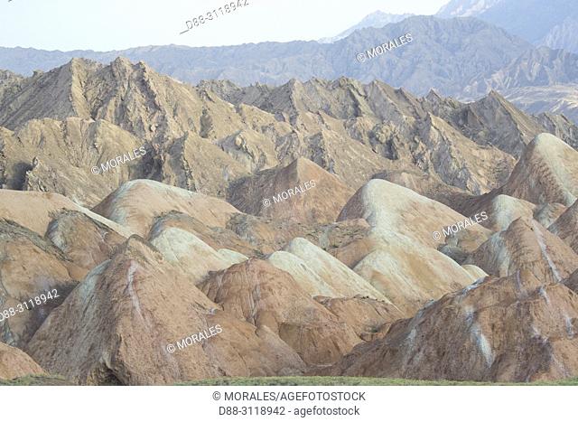 Eroded hills of sedimentary conglomerate and sandstone, . Unesco World Heritage, Zhangye, China