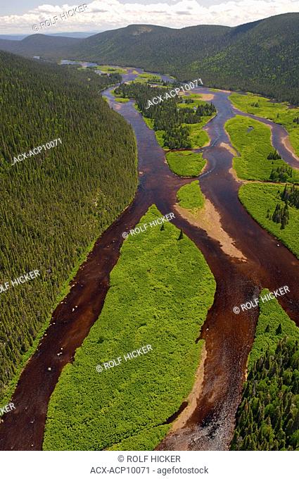 Aerial view of a River near Sandwich Bay enroute to the Mealy Mountains in Southern Labrador, Newfoundland & Labrador, Canada
