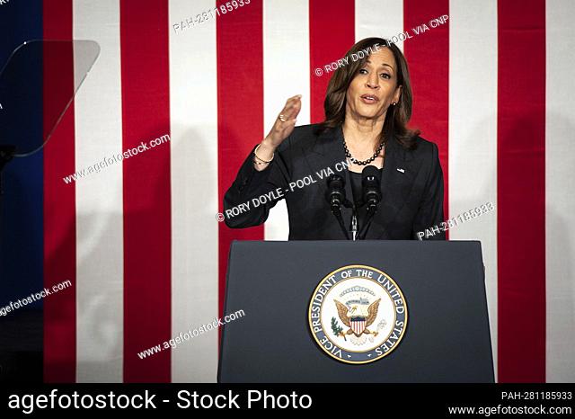 United States Vice President Kamala Harris speaks to the crowd about small businesses at the Delta Center Stage in Greenville, Mississippi on April 1, 2022