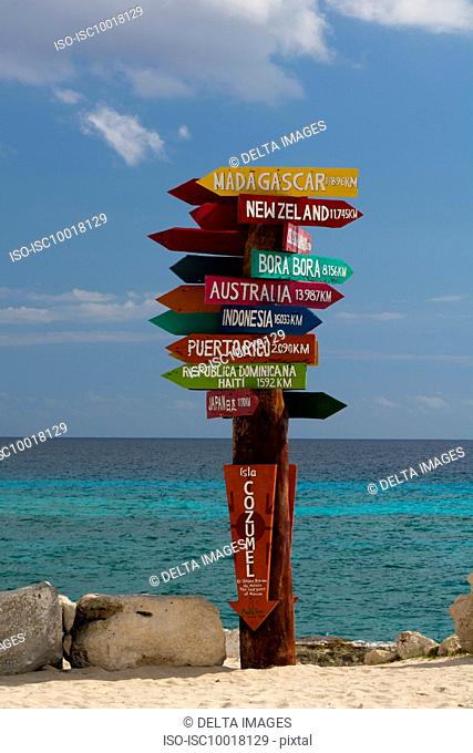 World distances sign post, Punta Sur Eco Park, Cozumel island, Mexico