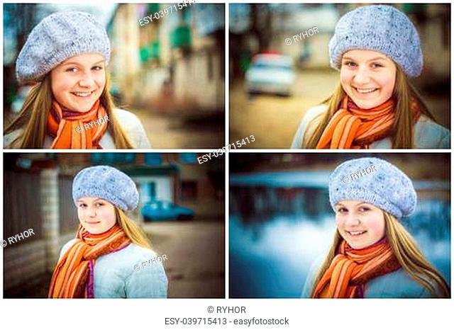 Teen Girl Wearing White Beret And Orange Scarf In Windy Day. Set Collage
