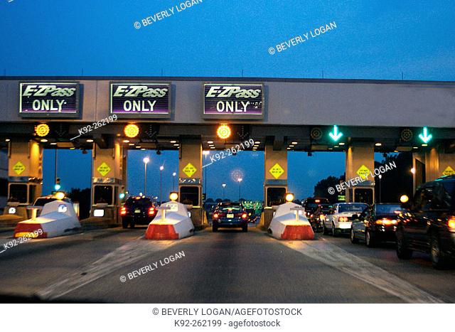 Toll booth with e-zpass lanes (computerized toll machines). Delaware. USA
