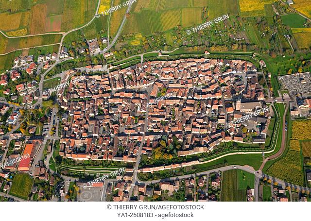 France, Haut Rhin 68, Wines road, Fortified village of Bergheim aerial view