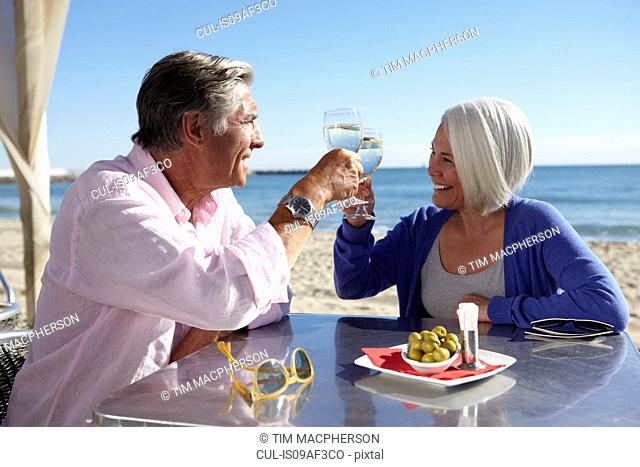 Couple enjoying wine by seaside