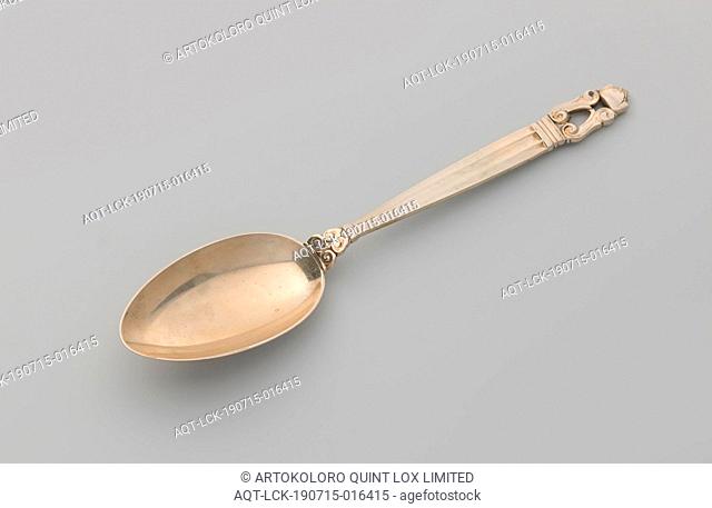 Spoon of silver, Spoon of silver with egg shaped container, 'Konge' model. The widening fluted stem is crowned by a motif of S-volutes above which a pine cone...