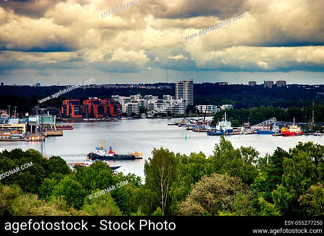 port in Finnish archipelago - Turun satama in mouth of Aurajoki river. Top view of the seaport