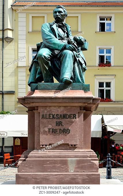 Statue of the Polish poet, playwright and comedy writer Aleksander Fredro in the Market Square in front of the Town Hall of Wroclaw - Poland