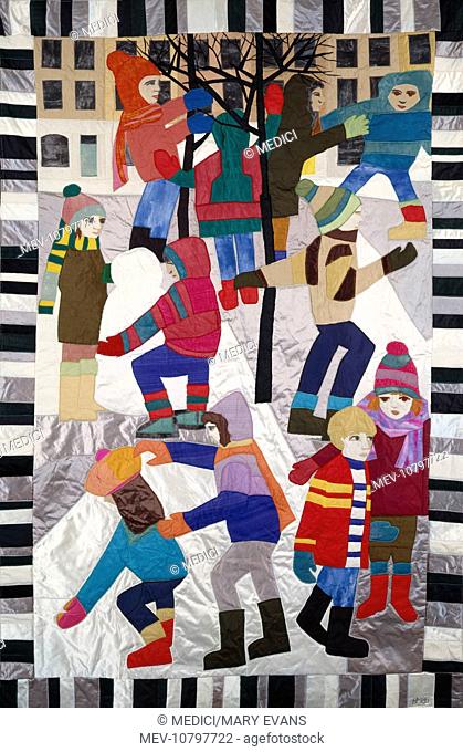 Children in the Snow' – children dressed in colourful hats, scarfs, coats and boots in a street with trees, within a striped border