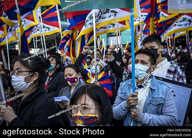 Tibetans and Taiwanese who support Tibetan freedom protest on the streets of Taipei, Taiwan on 05/03/2023 on the 64th anniversary of the uprising in Tibet