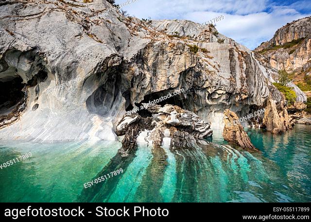 Unusual marble caves on the lake of General Carrera, Patagonia, Chile. Carretera Austral trip