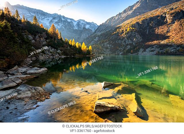 Autumn season in Aviolo lake in Adamello park, Lombardy district, Brescia province, Italy, Europe
