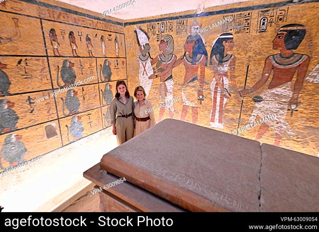 Queen Mathilde of Belgium and Crown Princess Elisabeth pictured during a visit to the Tomb of Tutankhamon, on the second day of a royal visit to Egypt