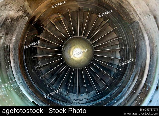 Old jet engine closeup blades coverd with dust