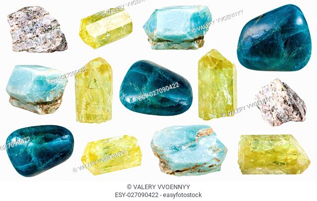 set of various apatite crystals, rocks and gemstones isolated on white background