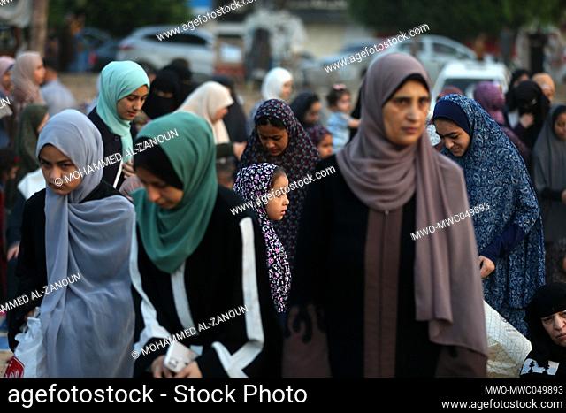 Gaza City, Palestine. 10th July 2022. Palestinian women and children perform the al-Adha feast prayers in Gaza City. The Eid al-Adha, or 'Feast of Sacrifice'