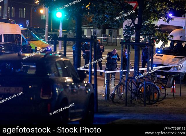 Illustration picture shows the police perimeter at the site of a shooting incident in the Ieperlaan - Boulevard d'Ypres, Brussels, Monday 16 October 2023