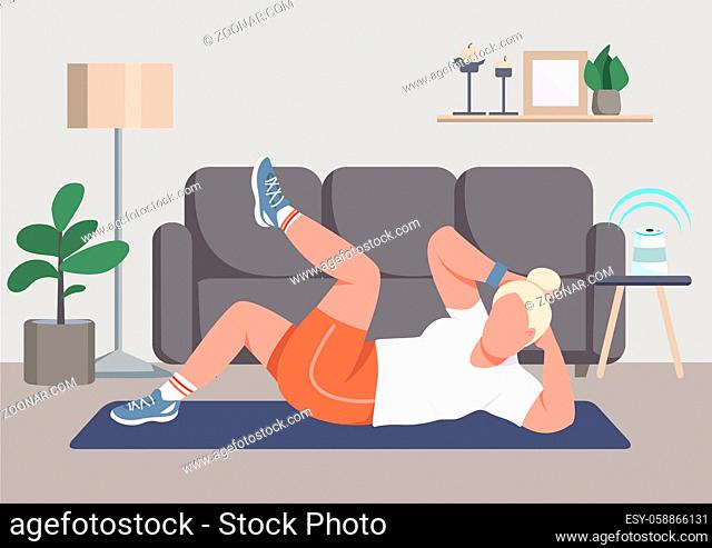 Abs training flat color vector illustration. Sportswoman working out 2D cartoon character with living room on background