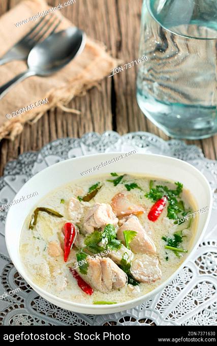 Coconut milk with chicken. Traditional thai soup
