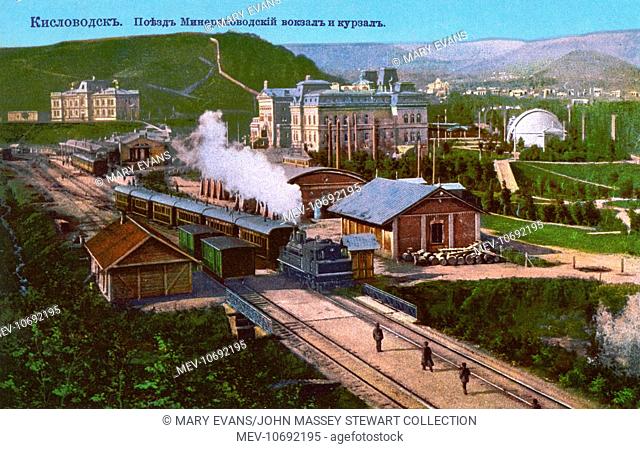 Trains at Mineralovodsky Station, Kislovodsk, a popular spa town (now a city) in Stavropol Krai, North Caucasus, Russia