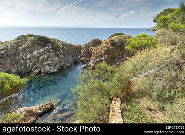 Sant Feliu de Guixols at Costa Brava in Catalonia, Mediterranean Sea, Spain on September 2020. The Camino de Ronda goes all the way from S'Agaro to Playa d'Aro