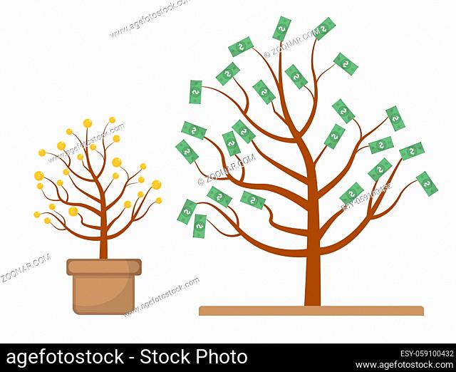 Tree with money. Coins on the tree and the tree with dollars. Evolution, growth, progressive concept. Flat design, isolated on white background