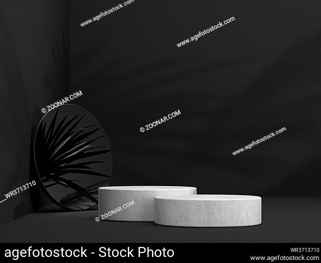 abstract stone template as presentation stage with leaf shadow and mirror in front of background - 3D Illustration