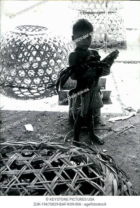 Aug. 29, 1967 - The baskets are empty - the little Thai is sold out except for a single chicken, which he holds here in his arms