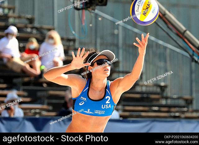 Sarah Sponcil of USA in action during the Ostrava Beach Open 2021 tournament, part of the Beach Volleyball World Tour match Jolana Heidrich/Anouk Verde-Depra of...