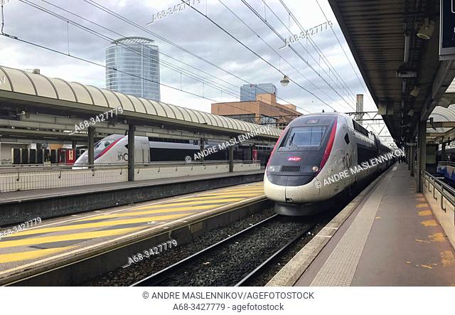 High speed trains on train station, Gare d'Avignon TGV, Avignon, France. . Photo: André Maslennikov