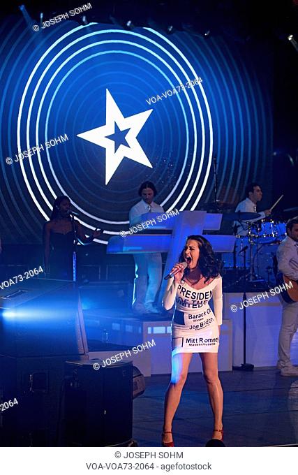 Pop singer Katy Perry wears a ballot dress while singing during a President Barack Obama Campaign Rally, October 24, 2012, Doolittle Park, Las Vegas, Nevada