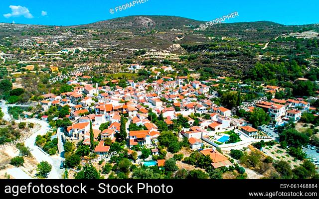 Aerial Lania (Laneia) wine village, Limassol, Cyprus. Bird's eye view of traditional Mediterranean, picturesque alleys, red ceramic roof tile houses, vineyards