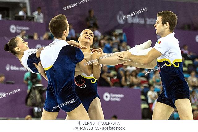 The Team of Romania competes in the Gymnastics Aerobic - Groups at the Baku 2015 European Games in National Gymnastics Arena in Baku, Azerbaijan, 21 June 2015
