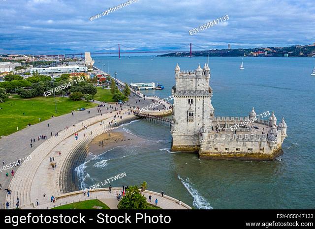 Amazing view over Belem Tower in Lisbon Portugal - aerial drone footage