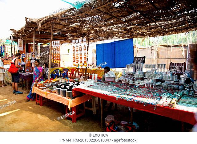 Stalls in a market, Anjuna Beach Flea Market, Anjuna Beach, Anjuna, Bardez, North Goa, Goa, India