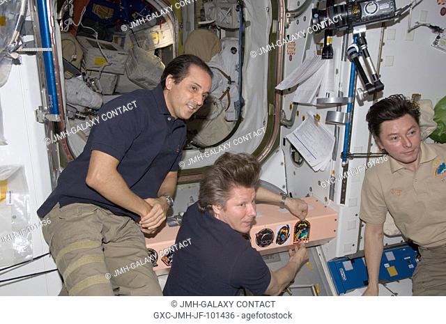 In the Unity node, Russian cosmonaut Gennady Padalka (center), Expedition 32 commander; along with NASA astronaut Joe Acaba (left) and Russian cosmonaut Sergei...