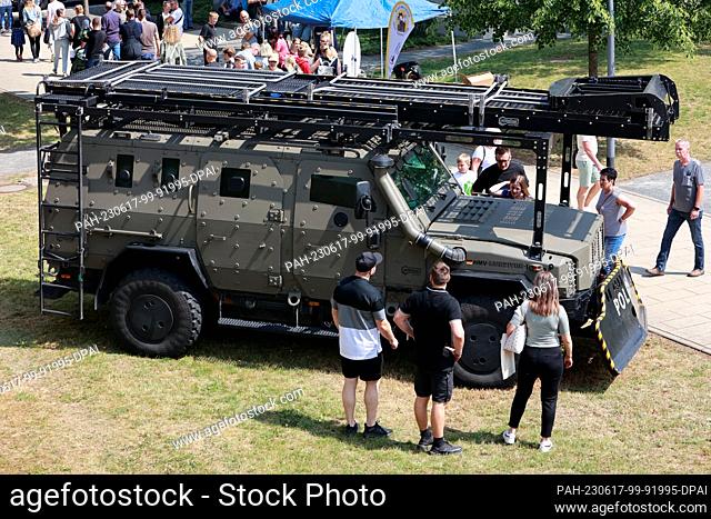 17 June 2023, Saxony-Anhalt, Aschersleben: An SEK armored tactical vehicle stands on the grounds of the Police University of Applied Sciences
